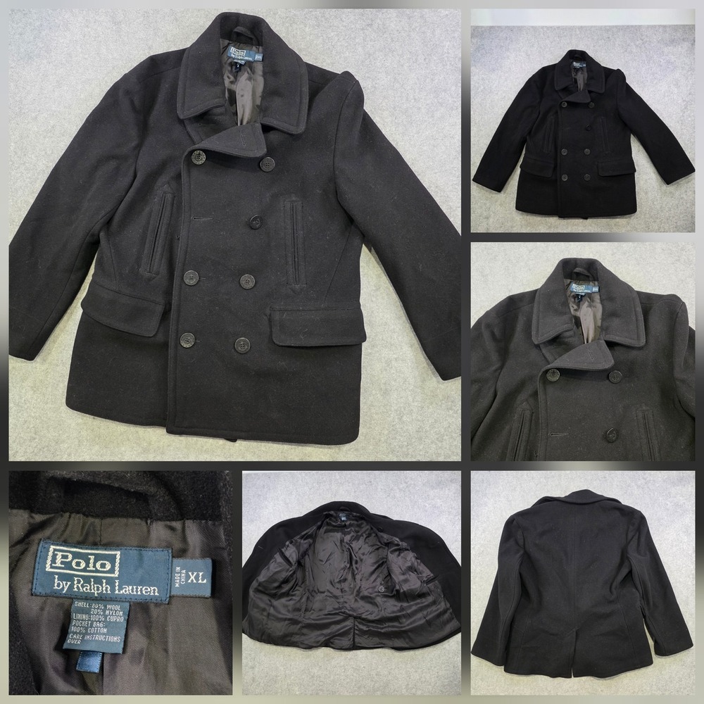 VTG Polo Ralph Lauren Pea Coat Mens XL Black Wool Double Breasted Pockets Navy